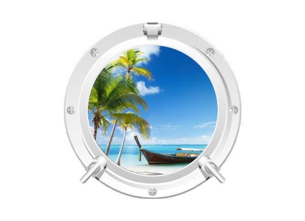 Stickers trompe l'oeil hublot blanc Plage cocotiers et barque