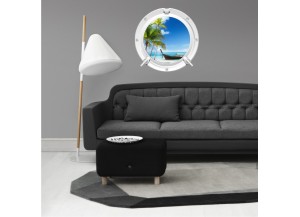 Stickers trompe l'oeil hublot blanc Plage cocotiers et barque