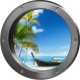 Stickers trompe l'oeil hublot argent Plage cocotiers et barque