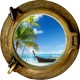Stickers trompe l'oeil hublot bronze Plage cocotiers et barque