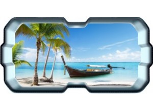 Stickers trompe l'oeil hublot 3D plage cocotiers et barque