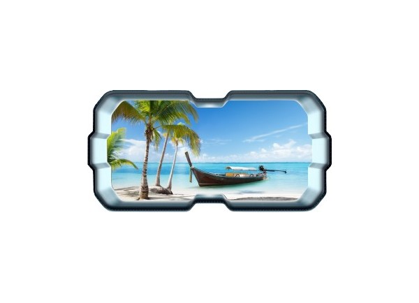 Stickers trompe l'oeil hublot 3D plage cocotiers et barque