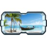 Stickers trompe l'oeil hublot 3D plage cocotiers et barque