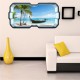 Stickers trompe l'oeil hublot 3D plage cocotiers et barque