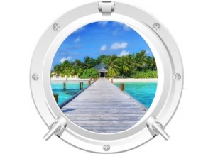 Stickers trompe l'oeil hublot blanc Ponton sur la mer