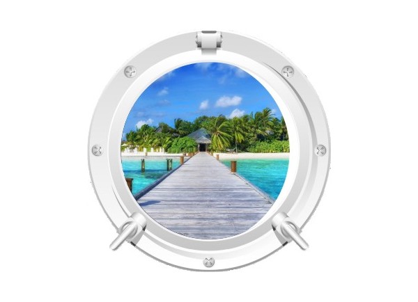 Stickers trompe l'oeil hublot blanc Ponton sur la mer