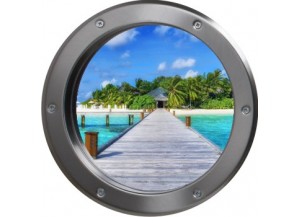 Stickers trompe l'oeil hublot argent Ponton sur la mer