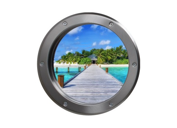 Stickers trompe l'oeil hublot argent Ponton sur la mer