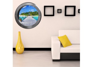 Stickers trompe l'oeil hublot argent Ponton sur la mer