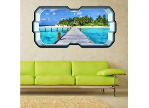 Stickers trompe l'oeil hublot 3D Ponton sur la mer