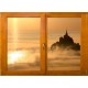 Sticker trompe l'oeil fenêtre bois Mont Saint Michel matinal