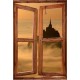 Sticker trompe l'oeil fenêtre cassée Mont Saint Michel matinal