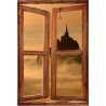 Sticker trompe l'oeil fenêtre cassée Mont Saint Michel matinal