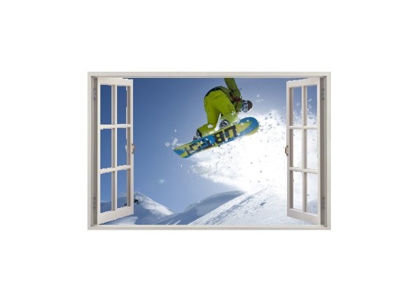 Stickers trompe l'oeil fenêtre ouverte Snowboard