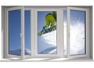 Stickers trompe l'oeil fenêtre Snowboard