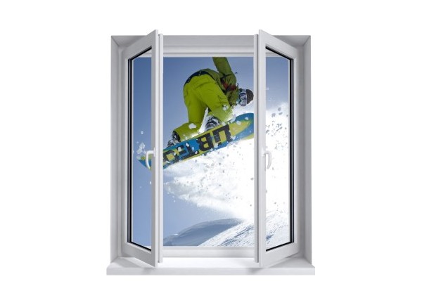 Sticker trompe l'oeil fenêtre 2 vantaux Snowboard