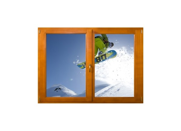 Sticker trompe l'oeil fenêtre bois Snowboard