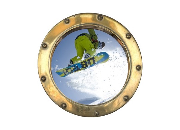 Stickers trompe l'oeil hublot doré Snowboard