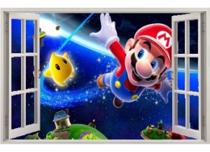 Stickers trompe l'oeil fenêtre ouverte Mario galaxy