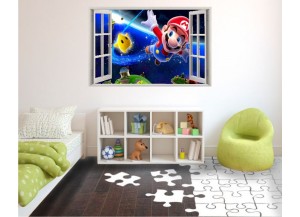 Stickers trompe l'oeil fenêtre ouverte Mario galaxy