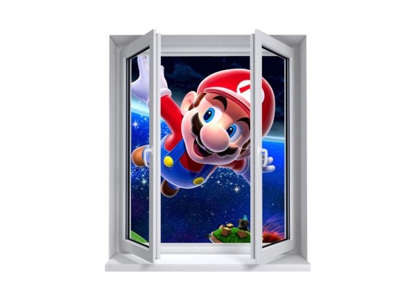 Sticker trompe l'oeil fenêtre 2 vantaux Mario galaxy