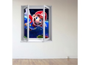 Sticker trompe l'oeil fenêtre 2 vantaux Mario galaxy