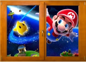 Sticker trompe l'oeil fenêtre bois Mario galaxy