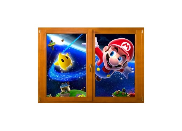 Sticker trompe l'oeil fenêtre bois Mario galaxy