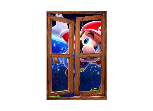 Sticker trompe l'oeil fenêtre cassée Mario galaxy