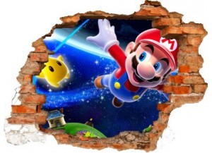 Sticker trompe l'oeil 3D mur déchiré Mario galaxy