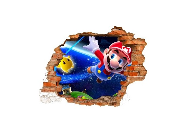 Sticker trompe l'oeil 3D mur déchiré Mario galaxy