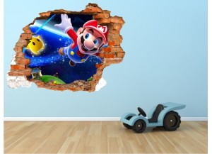 Sticker trompe l'oeil 3D mur déchiré Mario galaxy