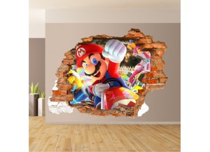 Sticker trompe l'oeil 3D mur déchiré Mario Kart