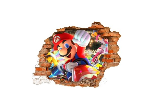 Sticker trompe l'oeil 3D mur déchiré Mario Kart