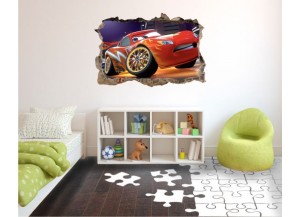 Sticker trompe l'oeil 3D mur d'agglo cassé Cars Flash Mac Queen