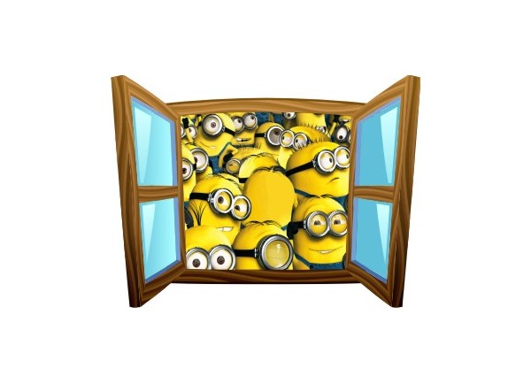 Sticker trompe l'oeil fenêtre cartoon bois Les Minions