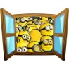 Sticker trompe l'oeil fenêtre cartoon bois Les Minions
