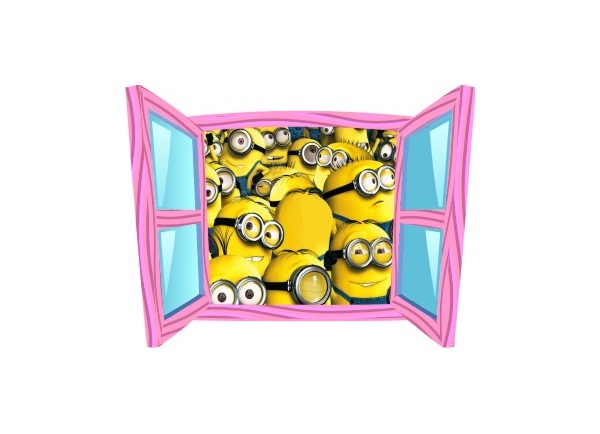 Sticker trompe l'oeil fenêtre cartoon rose Les Minions