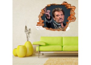 Sticker trompe l'oeil 3D mur déchiré Johnny Hallyday au revoir