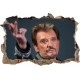 Sticker trompe l'oeil 3D mur d'agglo cassé Johnny Hallyday au revoir