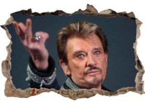 Sticker trompe l'oeil 3D mur d'agglo cassé Johnny Hallyday au revoir