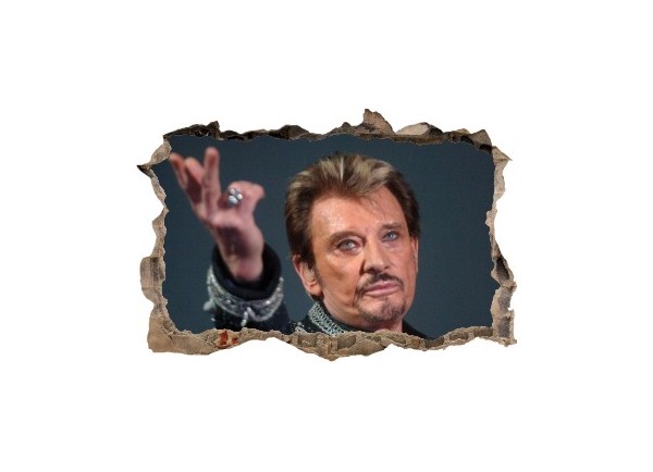 Sticker trompe l'oeil 3D mur d'agglo cassé Johnny Hallyday au revoir