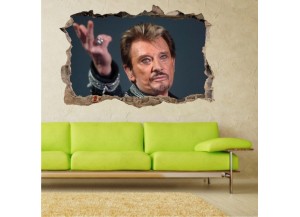 Sticker trompe l'oeil 3D mur d'agglo cassé Johnny Hallyday au revoir