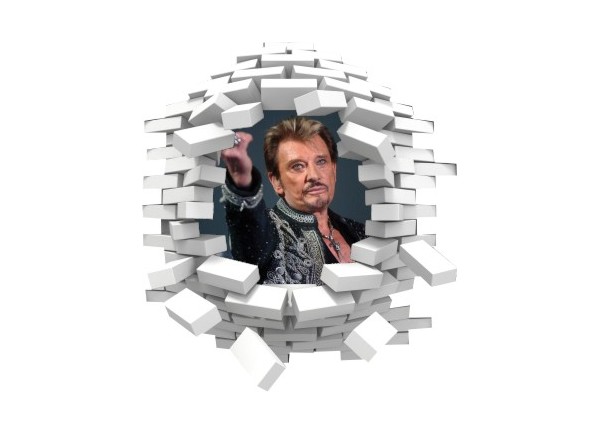 Sticker trompe l'oeil 3D mur blanc cassé Johnny Hallyday au revoir