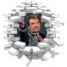Sticker trompe l'oeil 3D mur blanc cassé Johnny Hallyday au revoir
