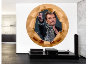 Stickers trompe l'oeil mur papier déchiré Johnny Hallyday au revoir