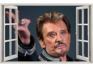 Stickers trompe l'oeil fenêtre ouverte Johnny Hallyday au revoir.