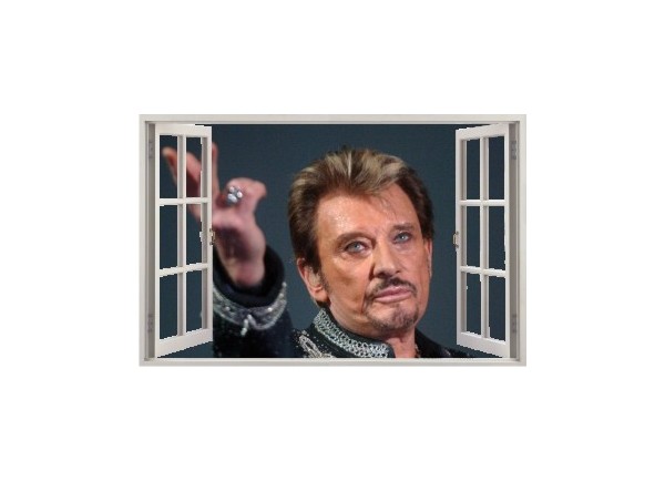 Stickers trompe l'oeil fenêtre ouverte Johnny Hallyday au revoir.