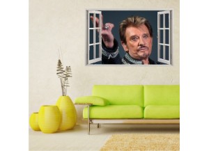 Stickers trompe l'oeil fenêtre ouverte Johnny Hallyday au revoir.