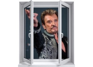 Sticker trompe l'oeil fenêtre 2 vantaux Johnny Hallyday au revoir